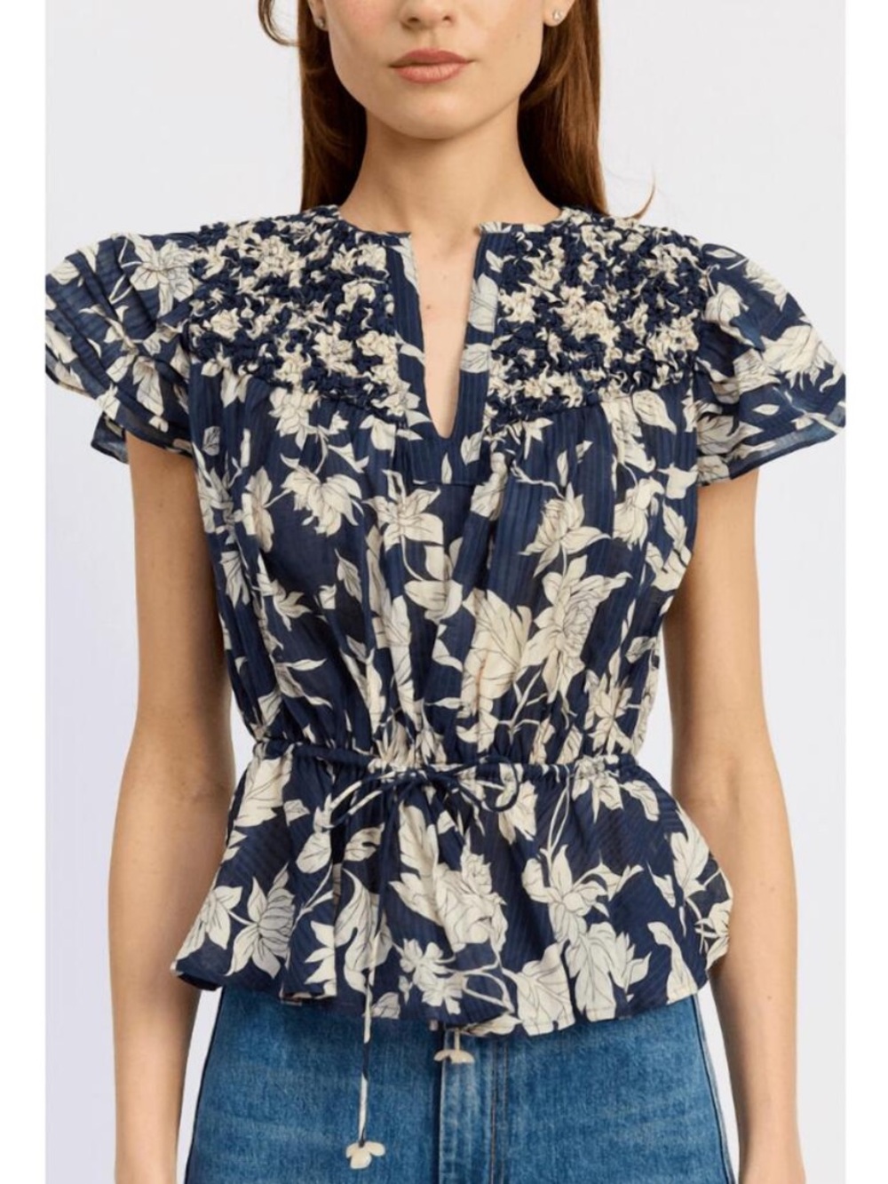 EN SAISON madeline twist peplum blouse in blue floral small